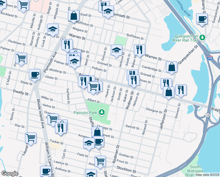 map of restaurants, bars, coffee shops, grocery stores, and more near 424 Jackson Street in Fall River