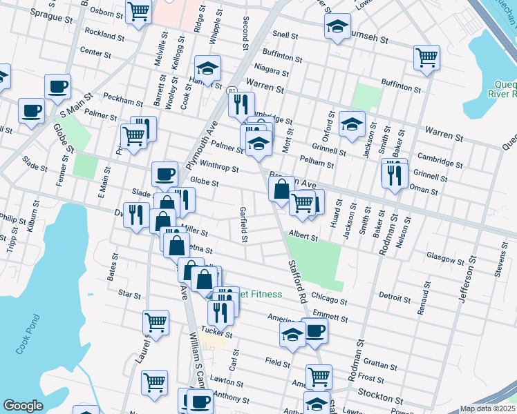 map of restaurants, bars, coffee shops, grocery stores, and more near 36 Hambly Street in Fall River