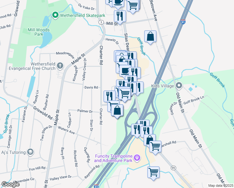 map of restaurants, bars, coffee shops, grocery stores, and more near 96 Mountain Laurel Drive in Wethersfield