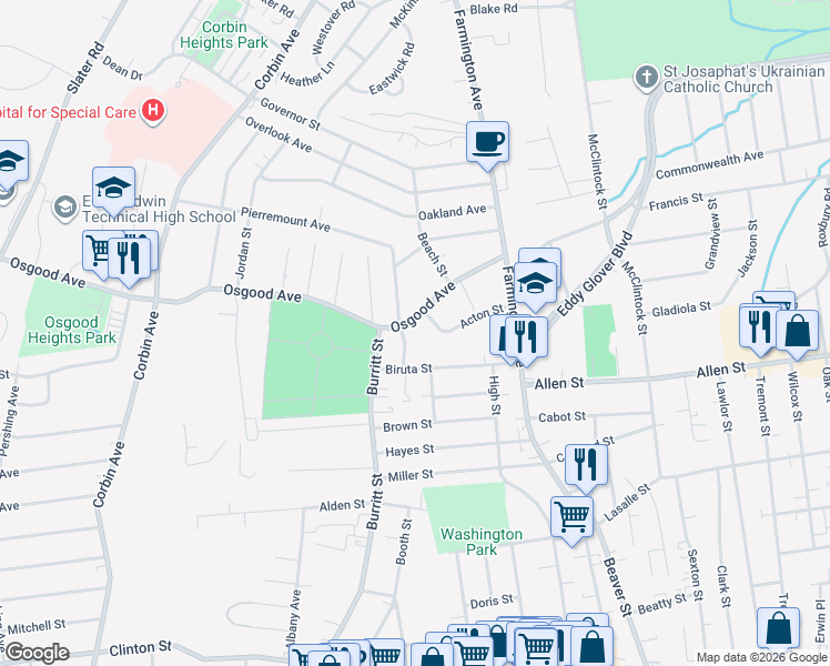 map of restaurants, bars, coffee shops, grocery stores, and more near 116 Osgood Avenue in New Britain