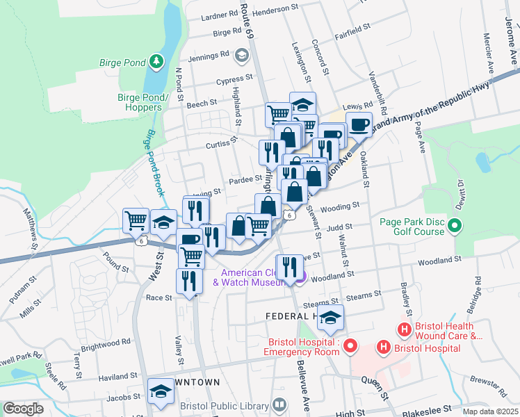 map of restaurants, bars, coffee shops, grocery stores, and more near 25 Ingraham Place in Bristol
