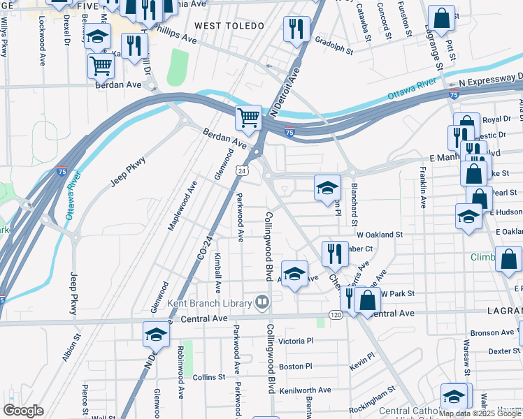 map of restaurants, bars, coffee shops, grocery stores, and more near 516 Bates Road in Toledo