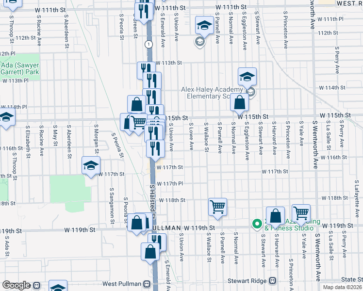 map of restaurants, bars, coffee shops, grocery stores, and more near 11616 South Lowe Avenue in Chicago