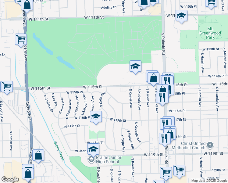 map of restaurants, bars, coffee shops, grocery stores, and more near 27950 South Kedzie Avenue in Alsip