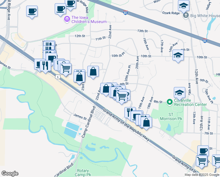 map of restaurants, bars, coffee shops, grocery stores, and more near 2040 9th Street in Coralville