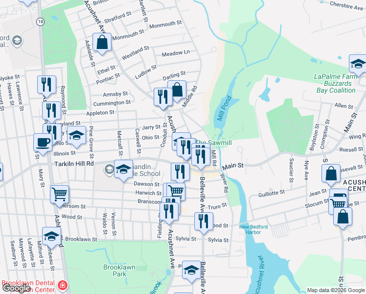 map of restaurants, bars, coffee shops, grocery stores, and more near 2228 Acushnet Avenue in New Bedford