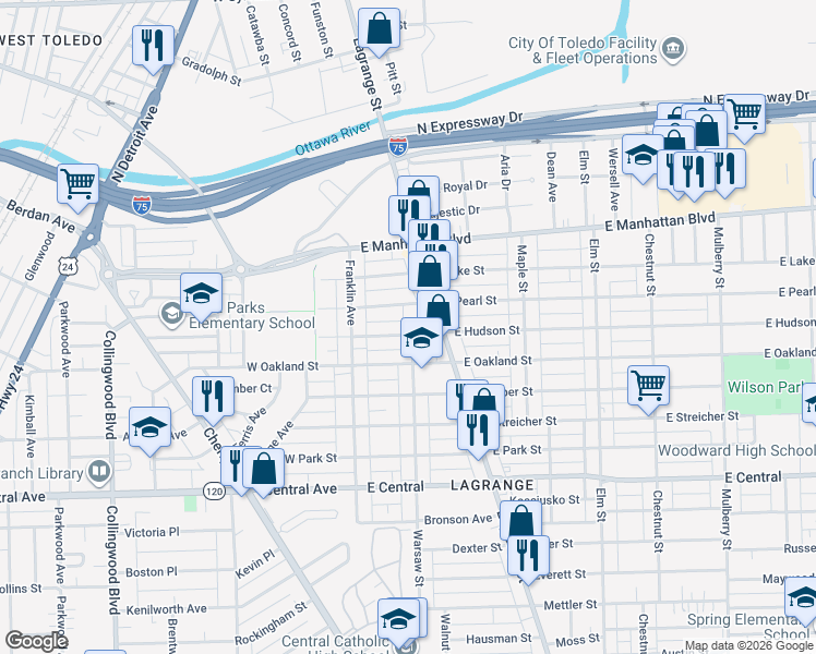 map of restaurants, bars, coffee shops, grocery stores, and more near 46 East Pearl Street in Toledo