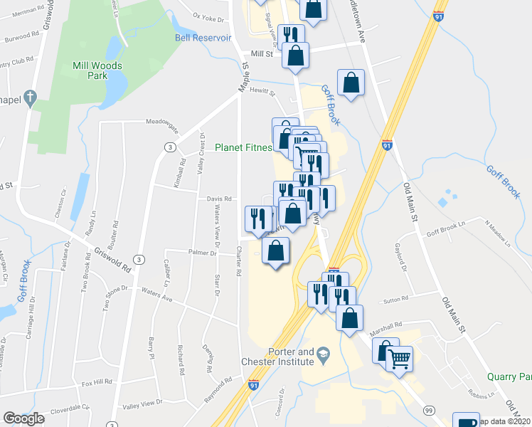 map of restaurants, bars, coffee shops, grocery stores, and more near 99 Mountain Laurel Drive in Wethersfield