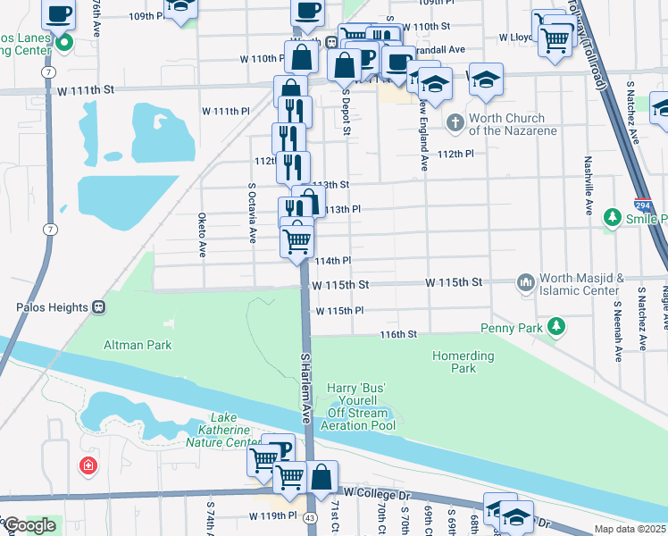 map of restaurants, bars, coffee shops, grocery stores, and more near 7127 114th Place in Worth