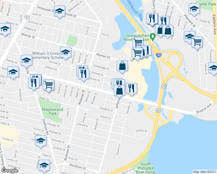 map of restaurants, bars, coffee shops, grocery stores, and more near 25 Aberdeen St in Fall River