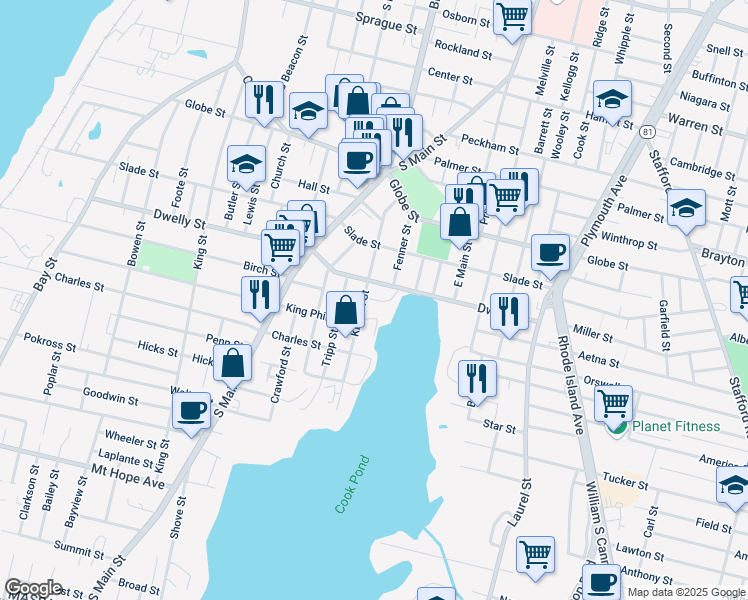 map of restaurants, bars, coffee shops, grocery stores, and more near 885 Dwelly Street in Fall River