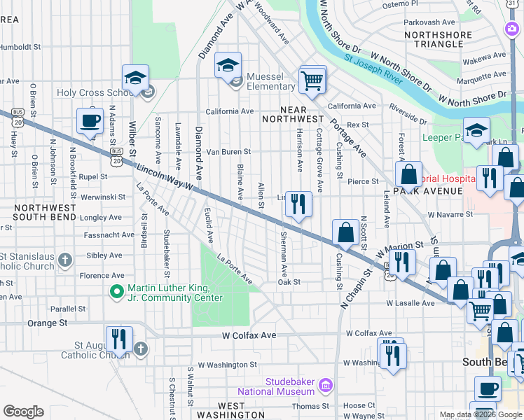 map of restaurants, bars, coffee shops, grocery stores, and more near 632 Allen Street in South Bend