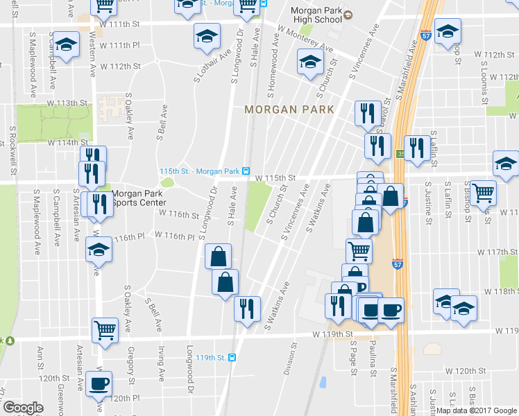 map of restaurants, bars, coffee shops, grocery stores, and more near 11515 S Homewood Ave in Chicago