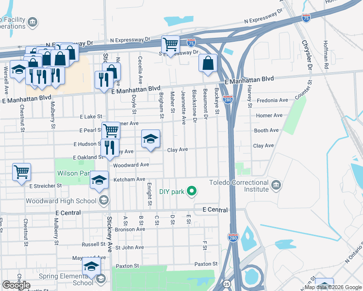 map of restaurants, bars, coffee shops, grocery stores, and more near 3311 Jeannette Avenue in Toledo