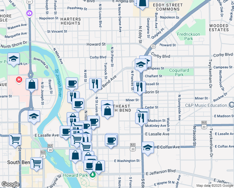map of restaurants, bars, coffee shops, grocery stores, and more near 836 East Sorin Street in South Bend