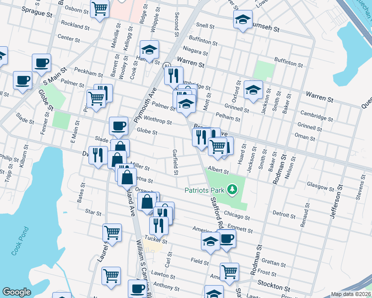 map of restaurants, bars, coffee shops, grocery stores, and more near 36 Hambly Street in Fall River