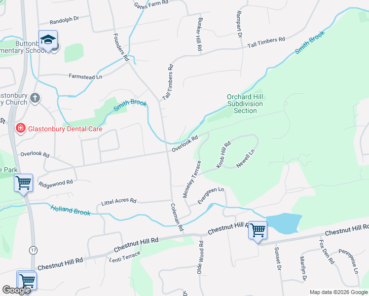 map of restaurants, bars, coffee shops, grocery stores, and more near 320 Overlook Road in Glastonbury