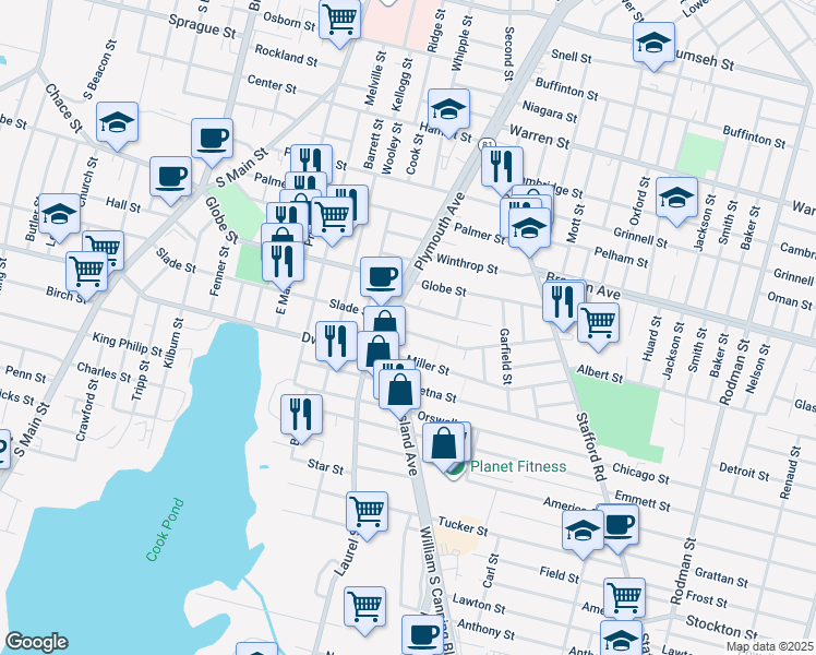 map of restaurants, bars, coffee shops, grocery stores, and more near 1308 Slade Street in Fall River