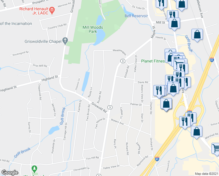 map of restaurants, bars, coffee shops, grocery stores, and more near 583 Maple Street in Wethersfield