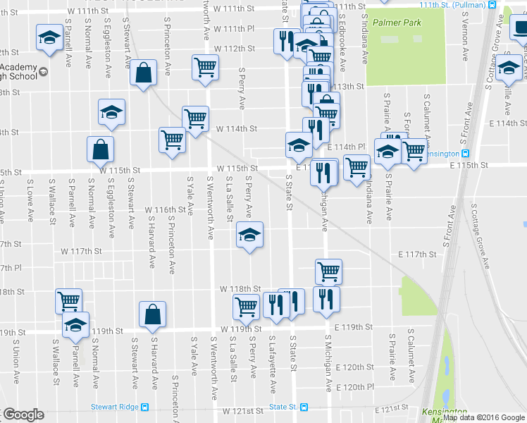 map of restaurants, bars, coffee shops, grocery stores, and more near 11568 South Lafayette Avenue in Chicago
