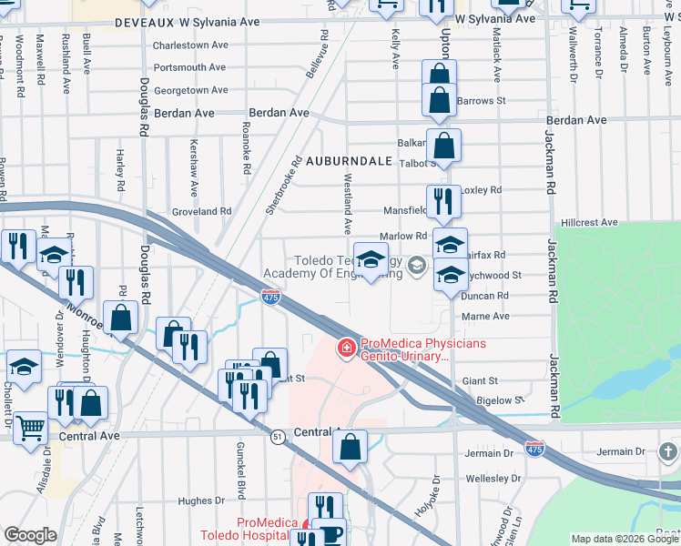 map of restaurants, bars, coffee shops, grocery stores, and more near 2117 Fairfax Road in Toledo