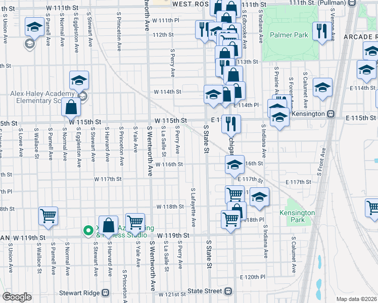 map of restaurants, bars, coffee shops, grocery stores, and more near 11568 South Lafayette Avenue in Chicago
