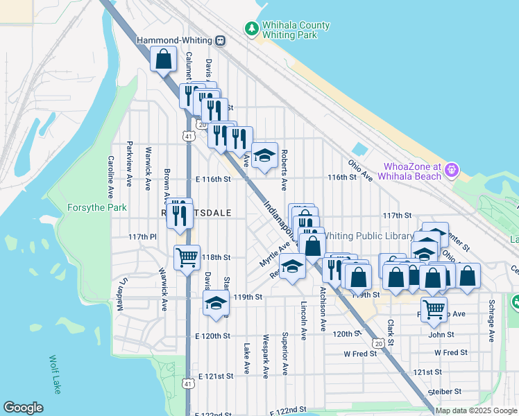 map of restaurants, bars, coffee shops, grocery stores, and more near 1642 Indianapolis Boulevard in Whiting
