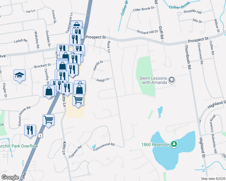 map of restaurants, bars, coffee shops, grocery stores, and more near 158 Back Lane in Wethersfield