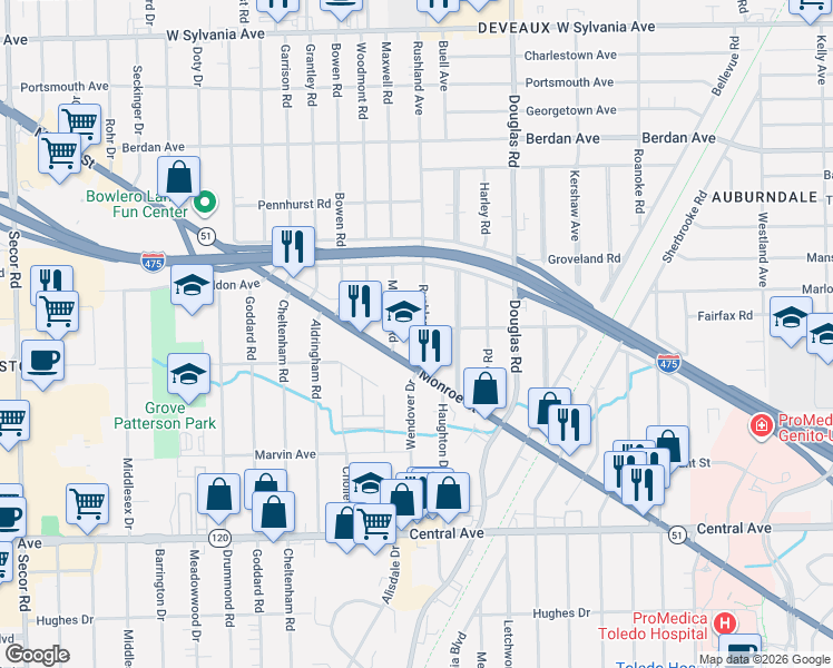 map of restaurants, bars, coffee shops, grocery stores, and more near 2624 Ledyard Avenue in Toledo