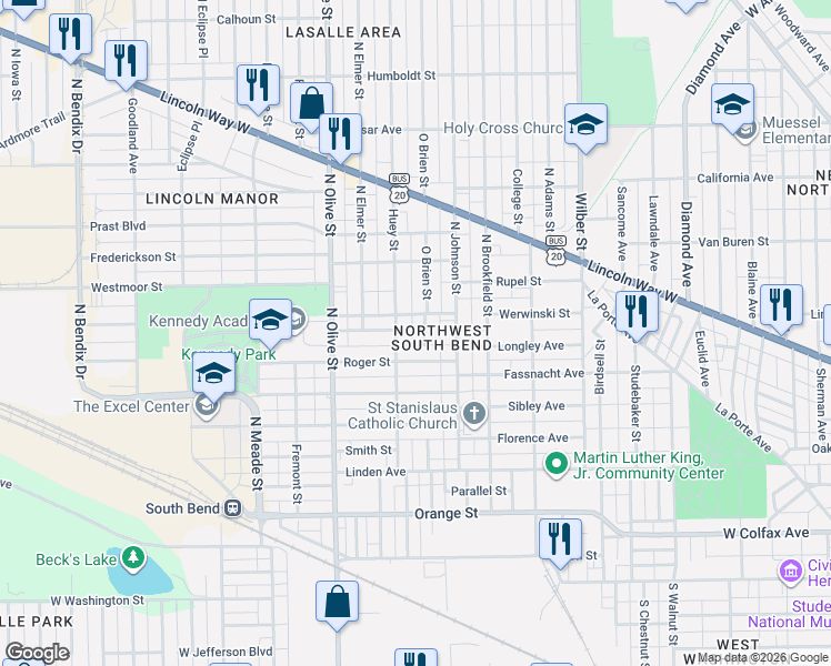 map of restaurants, bars, coffee shops, grocery stores, and more near in South Bend