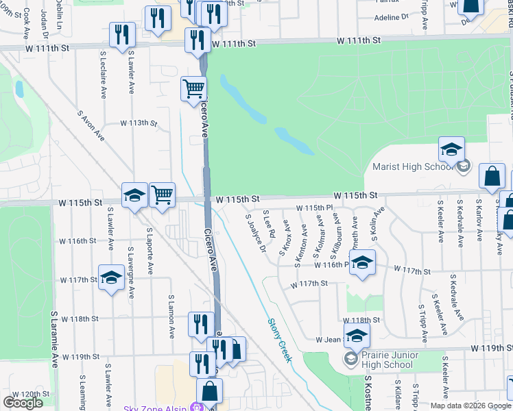 map of restaurants, bars, coffee shops, grocery stores, and more near 4728 West 115th Place in Alsip