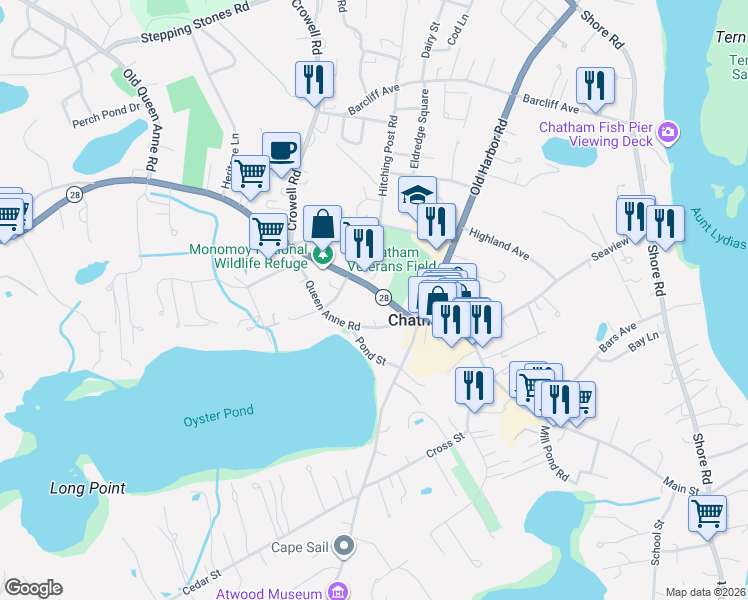 map of restaurants, bars, coffee shops, grocery stores, and more near 720 Massachusetts 28 in Chatham
