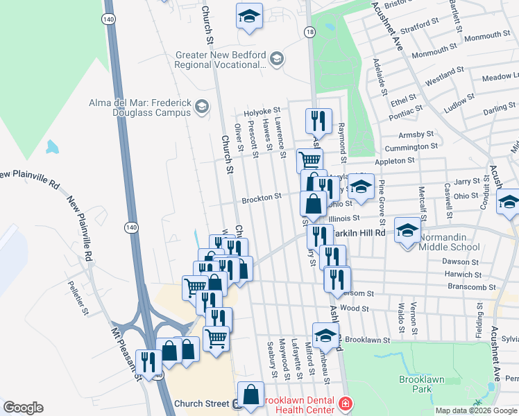 map of restaurants, bars, coffee shops, grocery stores, and more near 389 Prescott Street in New Bedford