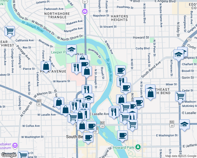 map of restaurants, bars, coffee shops, grocery stores, and more near 203 East Navarre Street in South Bend