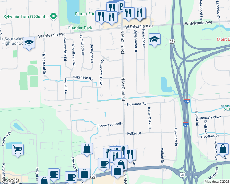 map of restaurants, bars, coffee shops, grocery stores, and more near 3614 Swallow Tail Lane in Sylvania