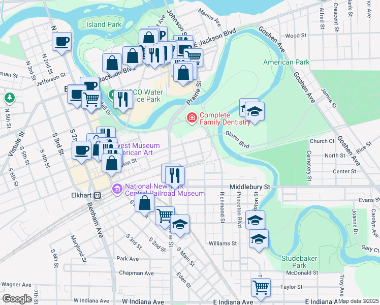 map of restaurants, bars, coffee shops, grocery stores, and more near 422 State Street in Elkhart