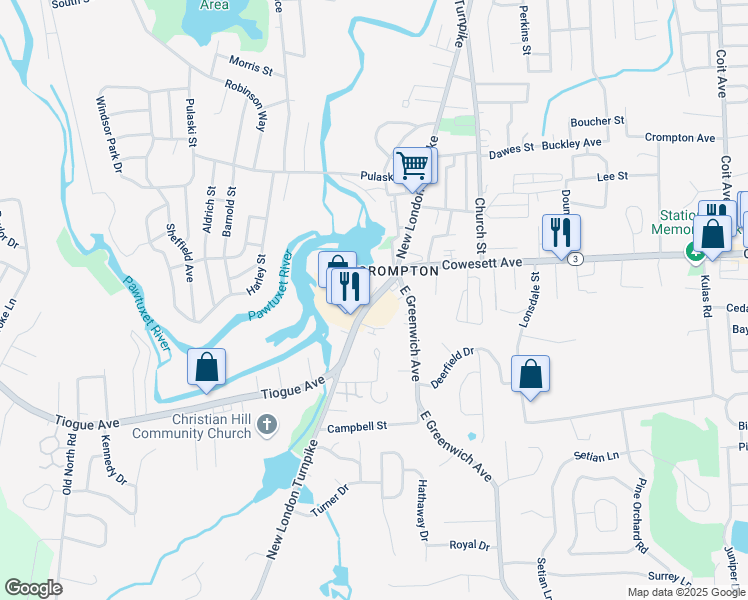 map of restaurants, bars, coffee shops, grocery stores, and more near 1735 New London Turnpike in West Warwick
