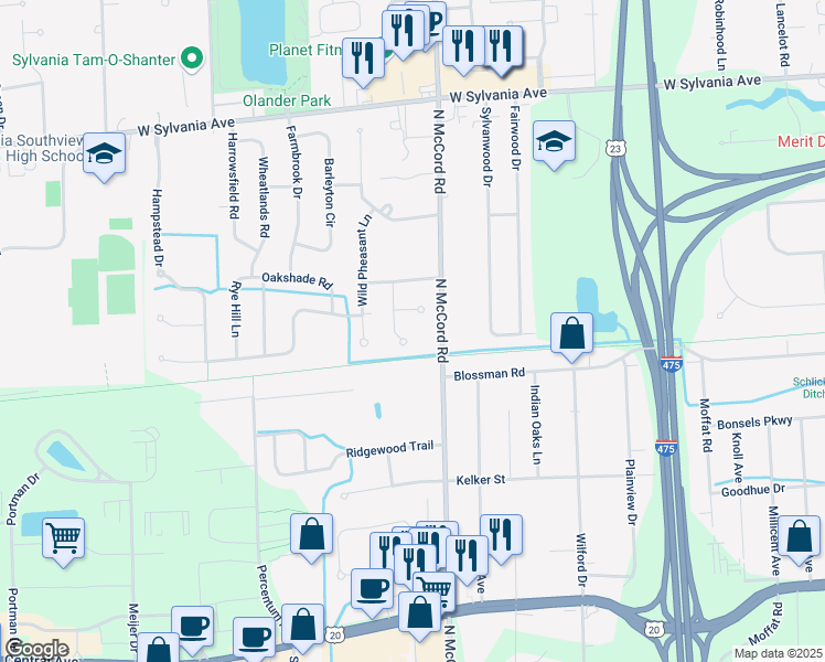 map of restaurants, bars, coffee shops, grocery stores, and more near 3614 Swallow Tail Lane in Sylvania