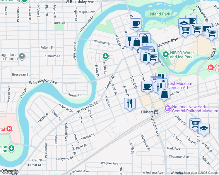map of restaurants, bars, coffee shops, grocery stores, and more near 511 West High Street in Elkhart