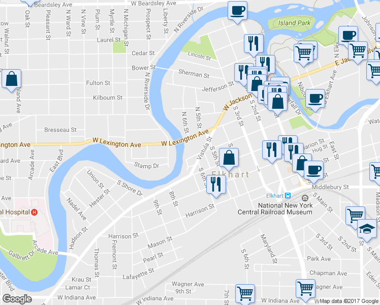 map of restaurants, bars, coffee shops, grocery stores, and more near 606 West High Street in Elkhart