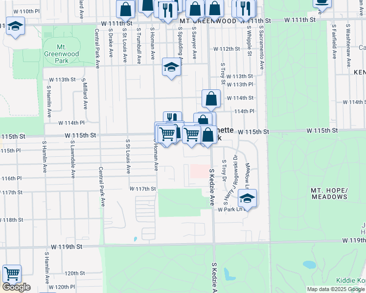 map of restaurants, bars, coffee shops, grocery stores, and more near 3200 West 116th Street in Merrionette Park