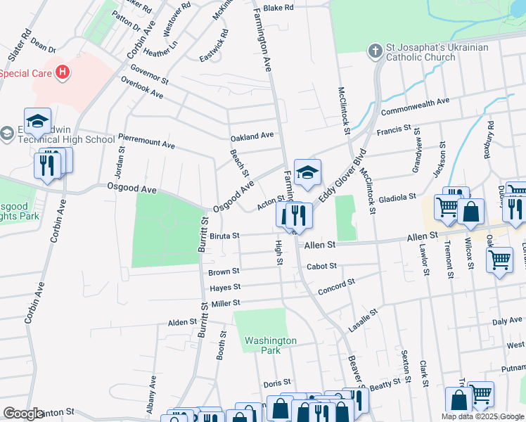 map of restaurants, bars, coffee shops, grocery stores, and more near 57 Apple Tree Hill in New Britain