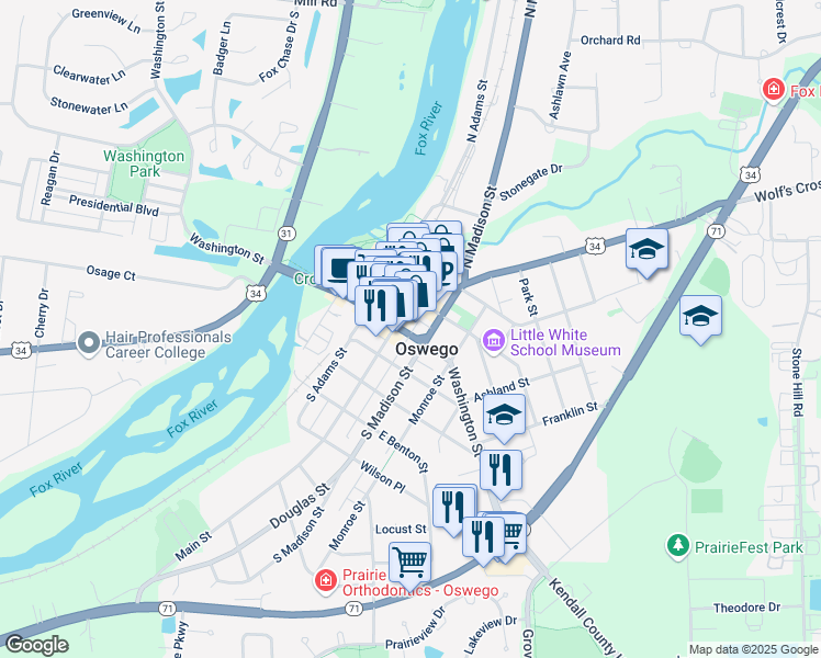 map of restaurants, bars, coffee shops, grocery stores, and more near in Oswego