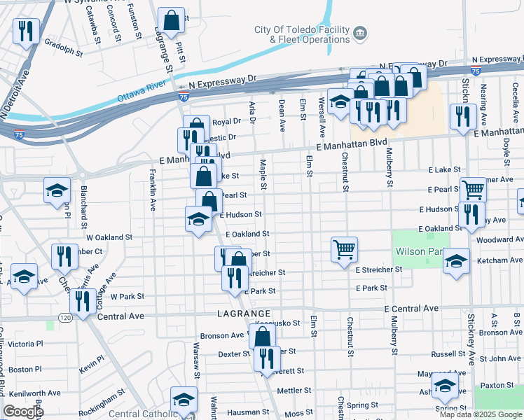 map of restaurants, bars, coffee shops, grocery stores, and more near 3333 Maple Street in Toledo