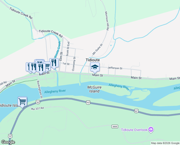 map of restaurants, bars, coffee shops, grocery stores, and more near 1-99 McGuire Saint Exd in Tidioute