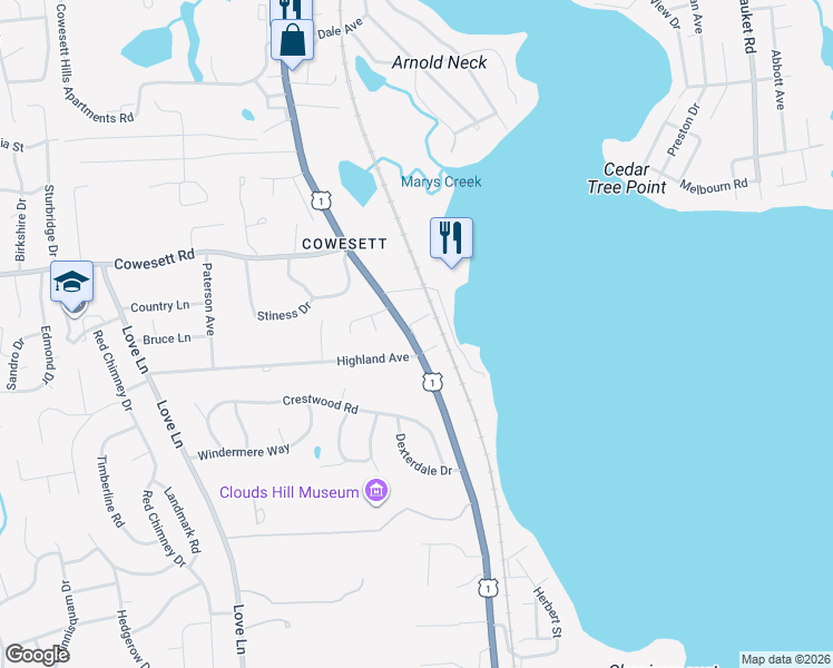map of restaurants, bars, coffee shops, grocery stores, and more near 3940 Post Road in Warwick