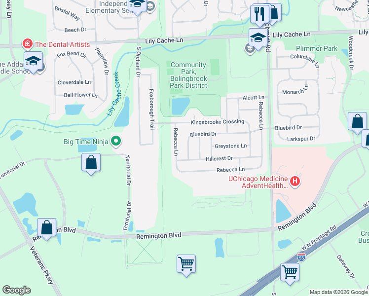 map of restaurants, bars, coffee shops, grocery stores, and more near 843 Rebecca Lane in Bolingbrook