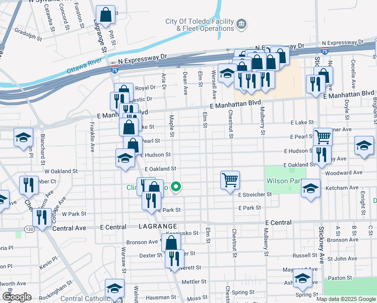 map of restaurants, bars, coffee shops, grocery stores, and more near 339 East Hudson Street in Toledo