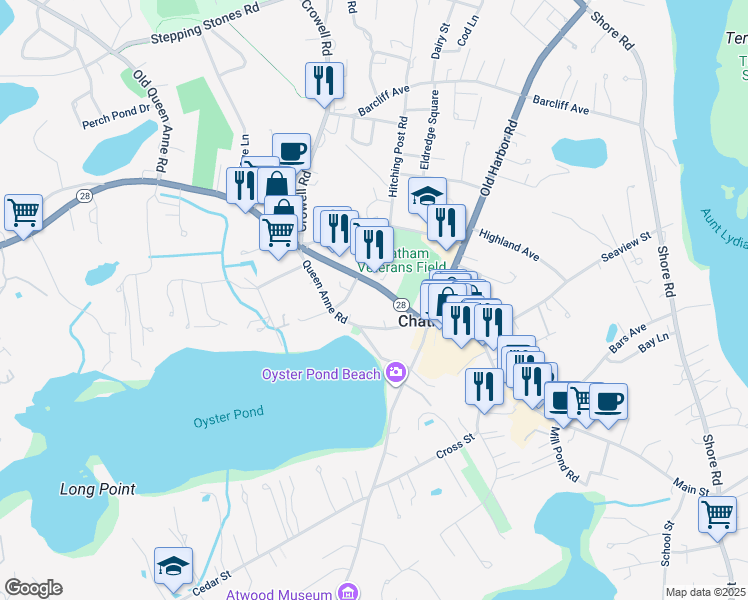 map of restaurants, bars, coffee shops, grocery stores, and more near 17 Adams Lane in Chatham