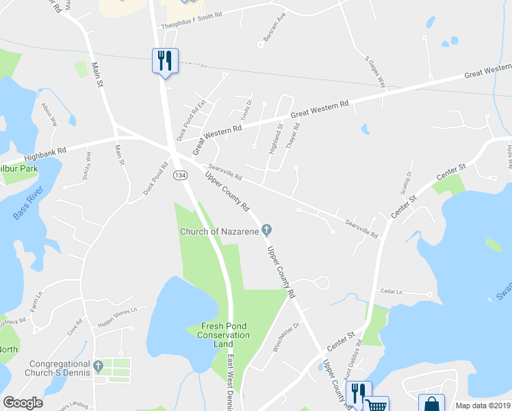 map of restaurants, bars, coffee shops, grocery stores, and more near 63 Searsville Road in Dennis